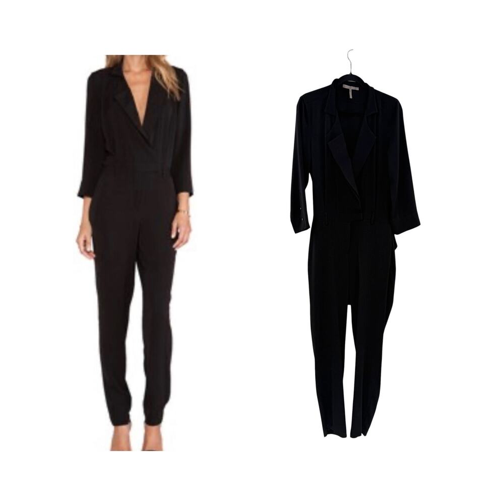 Halston Heritage Tuxedo Satin Lapel Draped Jumpsuit Black Size 12